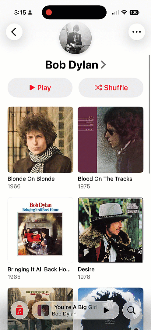 As the user scrolls down, the pill with the song title jumps up and a tab bar slides under it. 