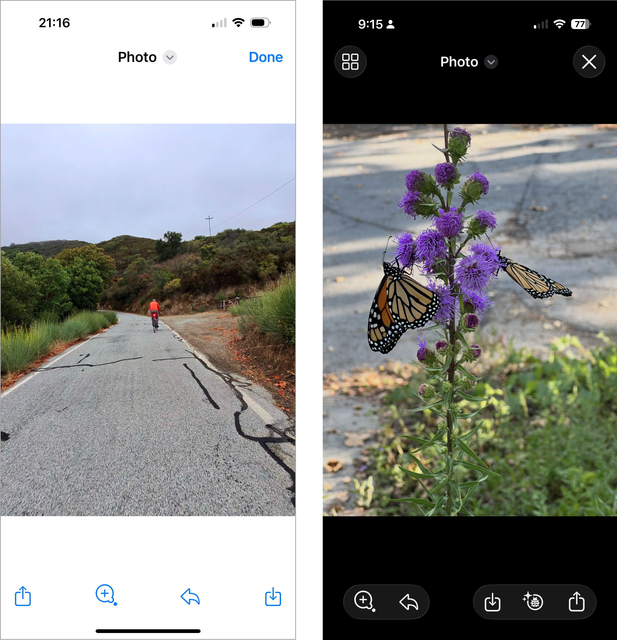 Comparison between the photos app in different iOSs'. The older one's controls are spaced further apart. 