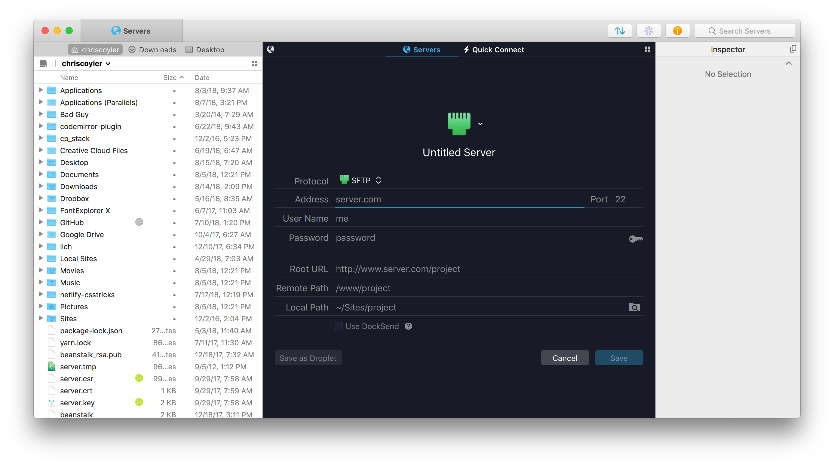 Screenshot of an  FTP application with local files on the left and server connection settings on the right.