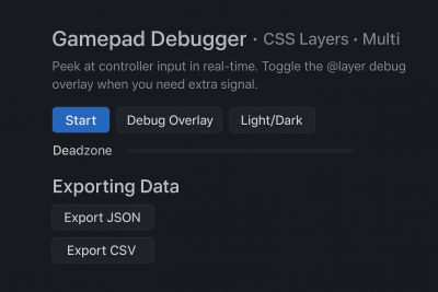 Export panel with JSON and CSV buttons for saving logs