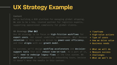 UX Strategy example, highlighting individual key points to cover.