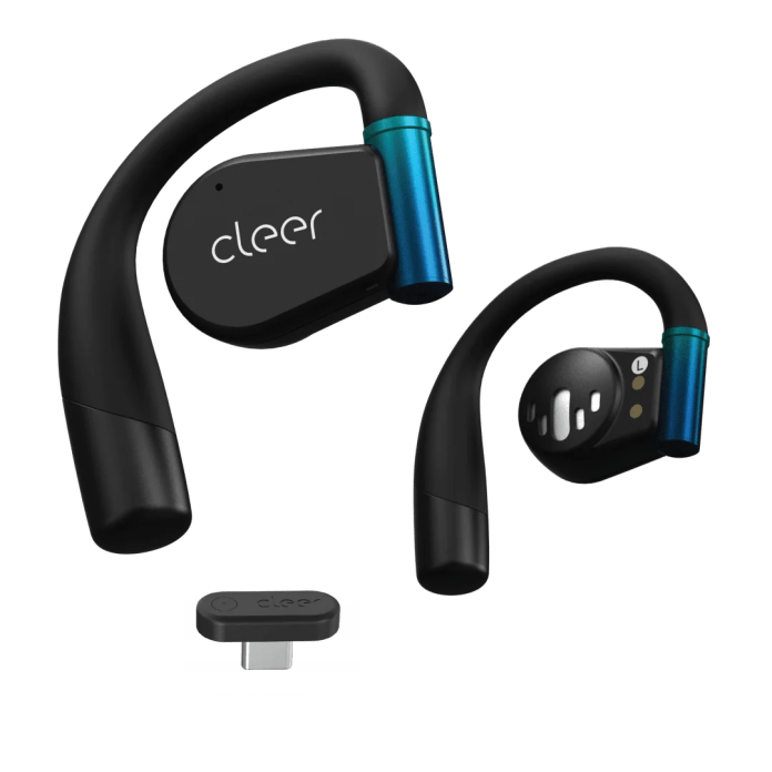 Two models of Cleer Arc 3 Series open-ear earbuds with distinctive design and a small charging case.