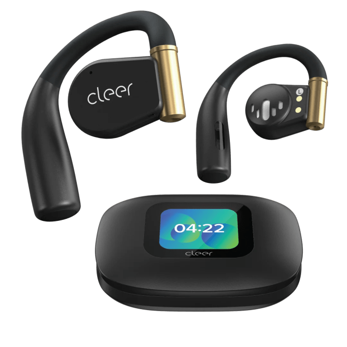 Image of Cleer Audio Arc 3 Series open-ear earbuds positioned next to their Smart Touch Screen charging case, showcasing a sleek and modern design.