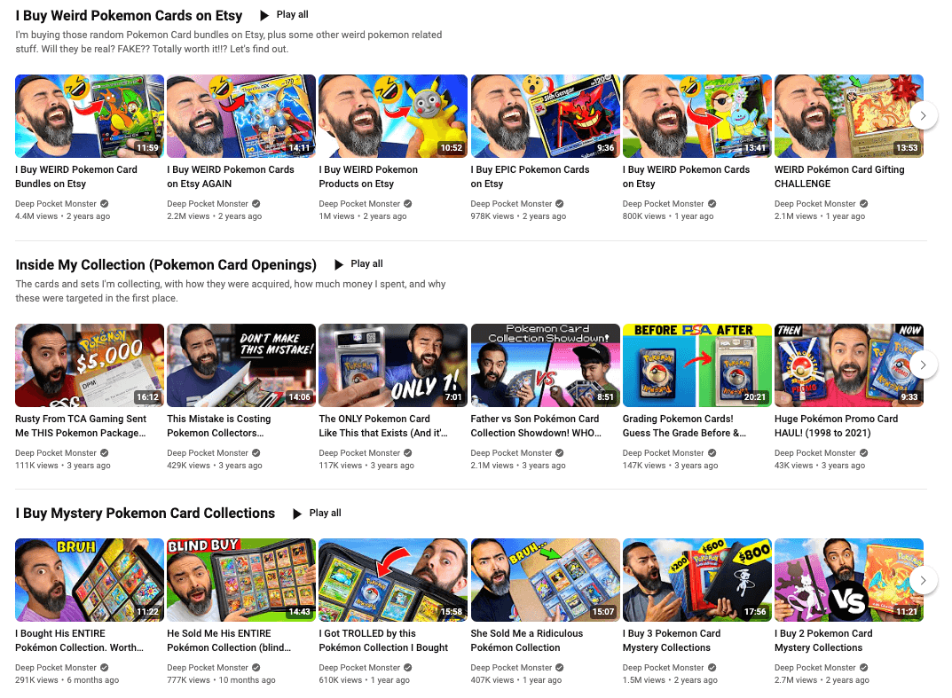 The featured sections view on Pat Flynn's Deep Pocket Monster YouTube channel.