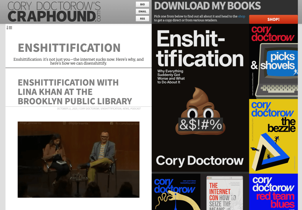 Screenshot of Cory Doctorow's website featuring the book 'Enshitification' and a discussion event with Lina Khan at the Brooklyn Public Library.