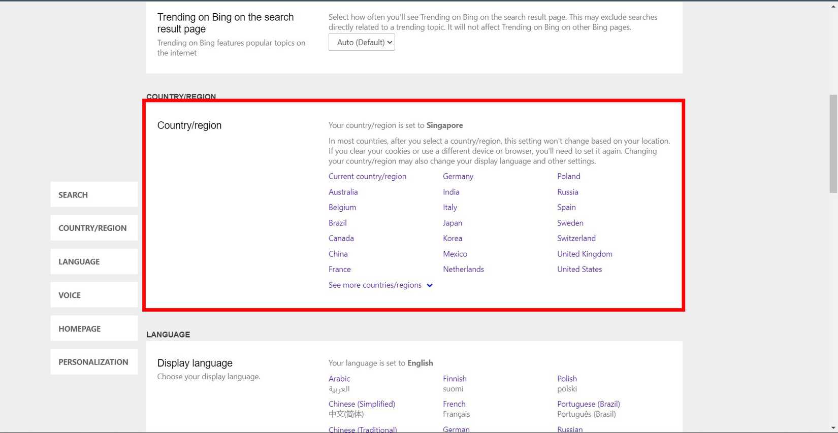 Bing's settings page showing the Country/Region section with various countries listed and Singapore selected.