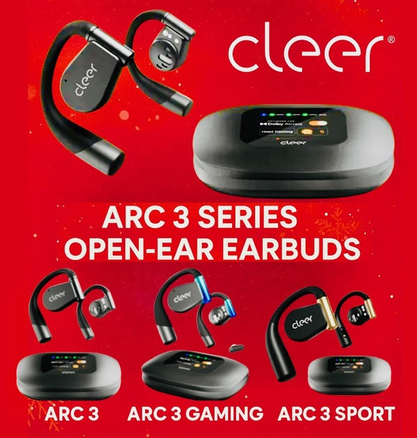 Image showcasing Cleer Audio's Arc 3 Series open-ear earbuds, including models Arc 3, Arc 3 Gaming, and Arc 3 Sport, alongside a smart charging case with a touchscreen display.