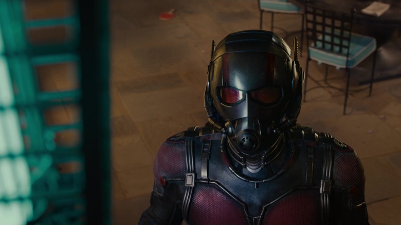 Paul Rudd as Scott Lang is seen from a high angle as he looks up in Ant-Man