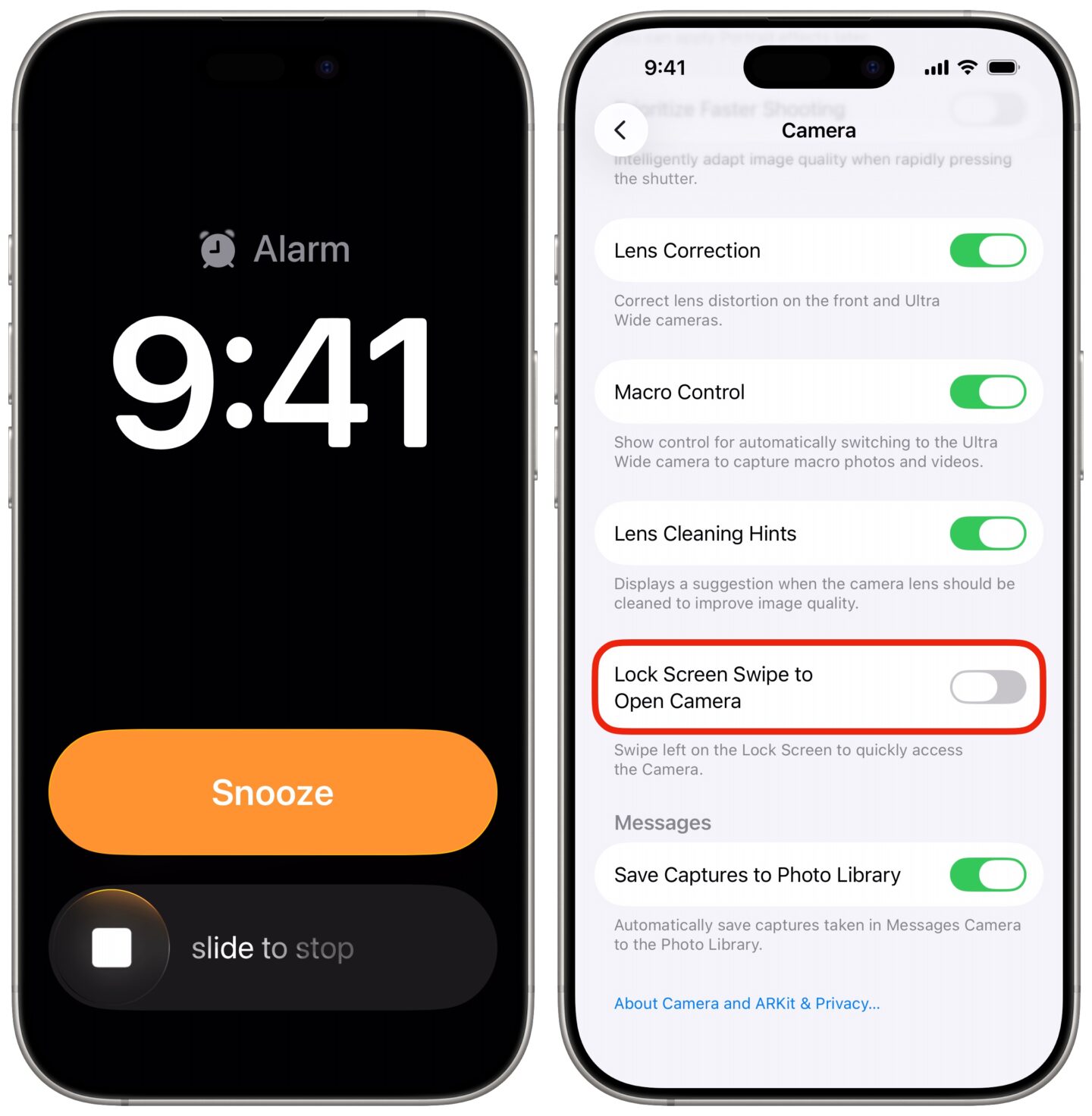 New iOS 26.1 alarm design (left) and the setting to disable Lock Screen swipe (right)