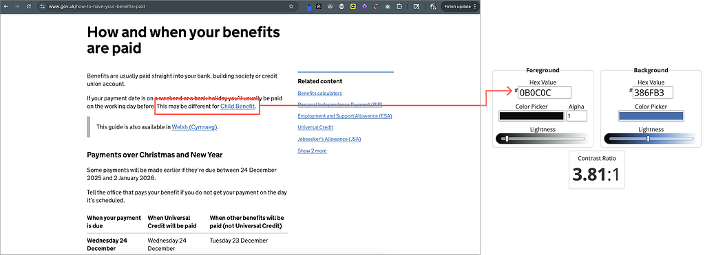 Gov.UK includes inline links that meets contrast requirements with a 3.81:1 ratio AND are underlined