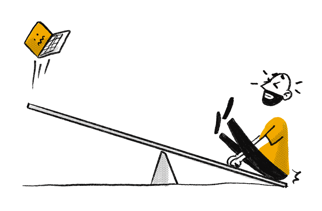 Illustration of a person sitting on one end of a seesaw while a laptop falls onto the opposite end.