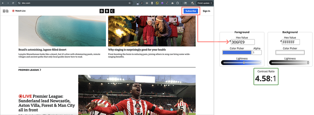 BBC includes a primary CTA that meets contrast requirements with a 4.58:1 ratio