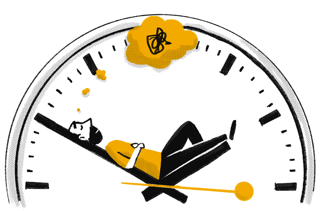 Illustration of a person lying across the hands of a large clock, staring upward as time passes.