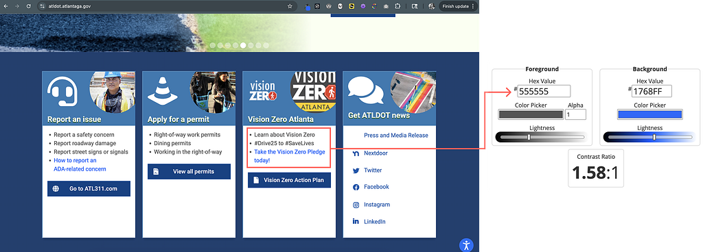 Atlanta’s Department of Transportation includes inline links that do not meet contrast requirements with a 1.58:1 ratio