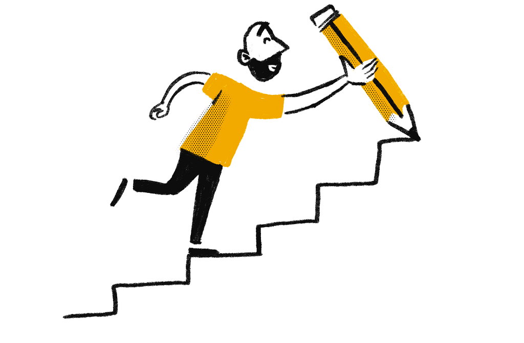 Illustration of a person climbing stairs while carrying an oversized pencil, which is being used to draw the steps.