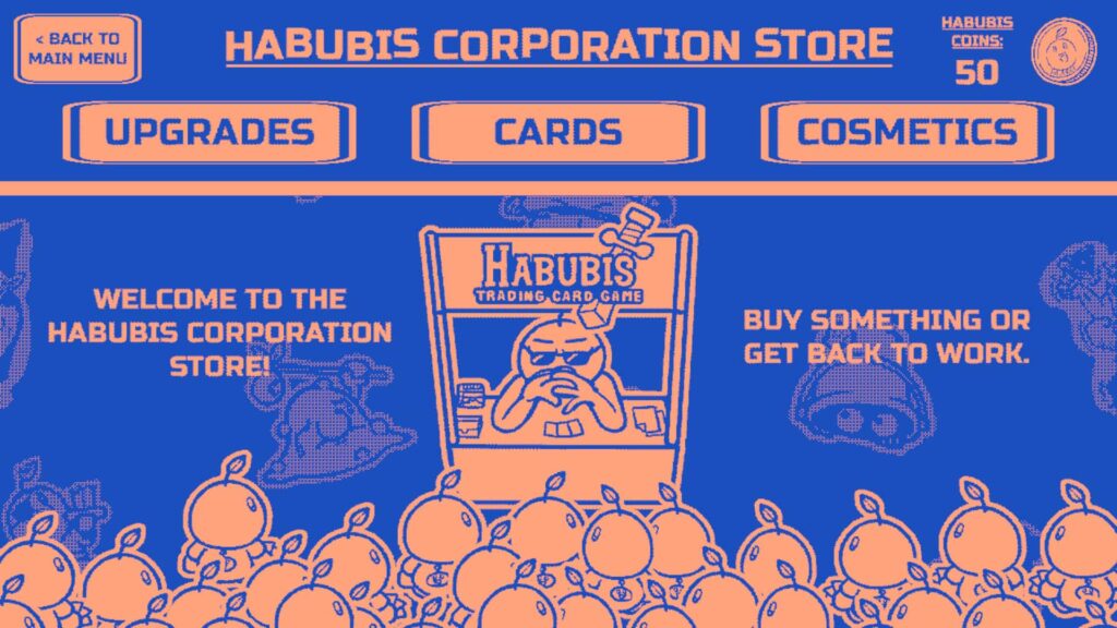 A crowd of characters gathers in front of the Habubis store in Trading Card Inspector