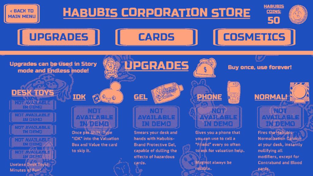 The Trading Card Inspector shop screen displays upgrade options and quirky items