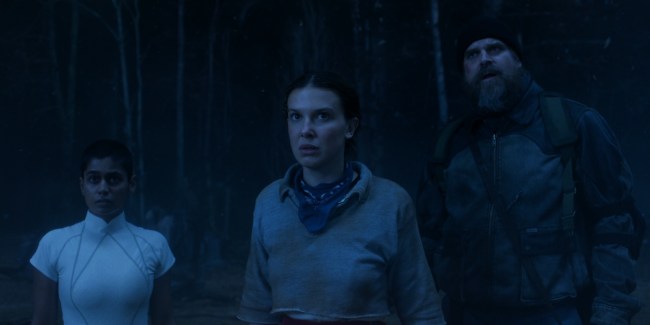 STRANGER THINGS: SEASON 5. (L to R) Linnea Berthelsen as Kali, Millie Bobby Brown as Eleven, and David Harbour as Jim Hopper in Stranger Things: Season 5. Cr. Courtesy of Netflix/Netflix © 2025