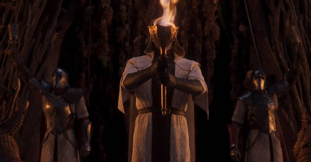 A man holds a torch in Divinity.
