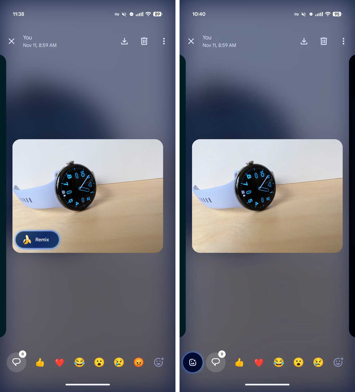 Screenshots highlighting the old and new nano banana logo on an image's full screen preview.