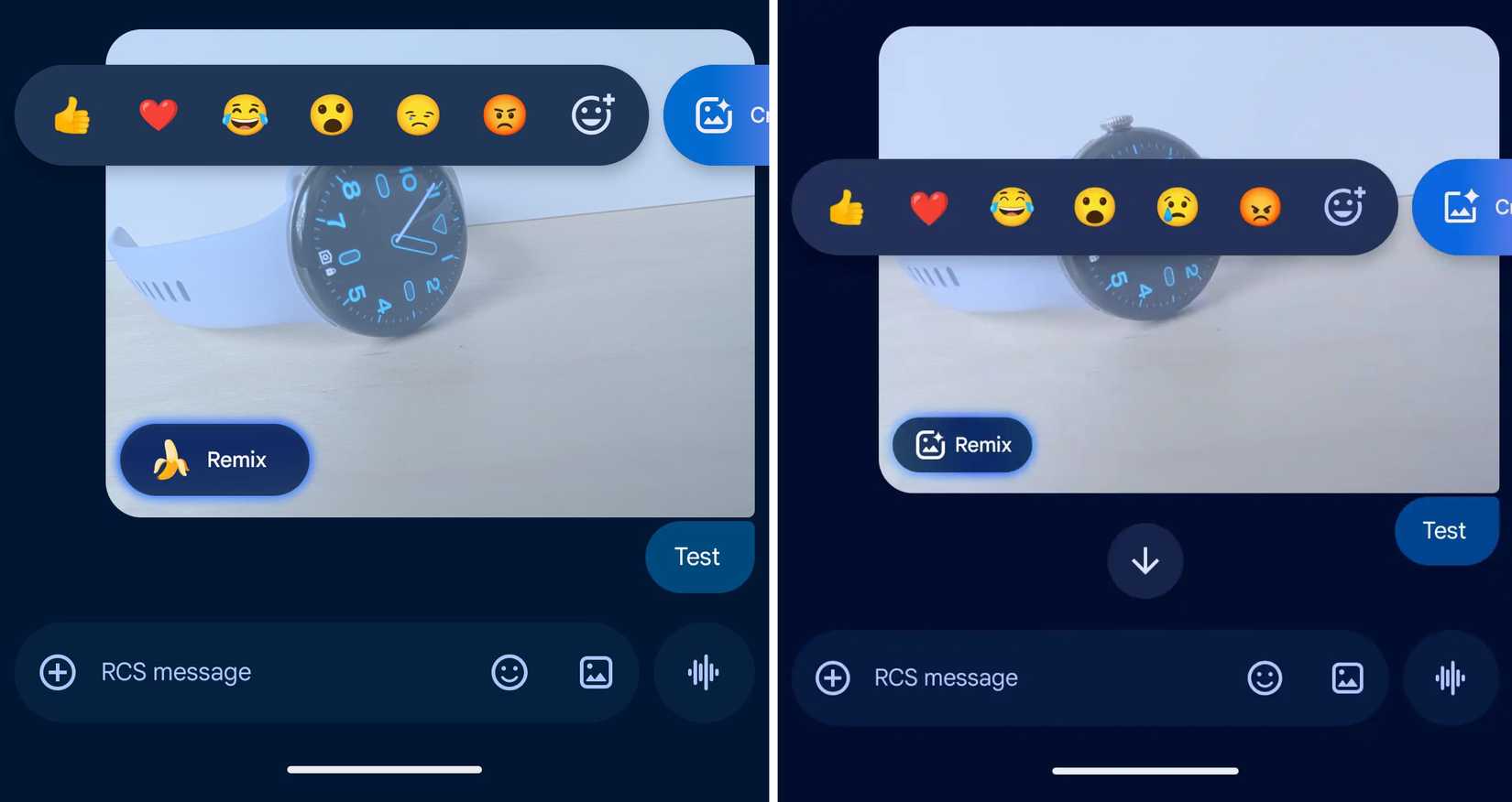 Screenshots highlighting Nano Banana's old and new appearance on Google Messages.