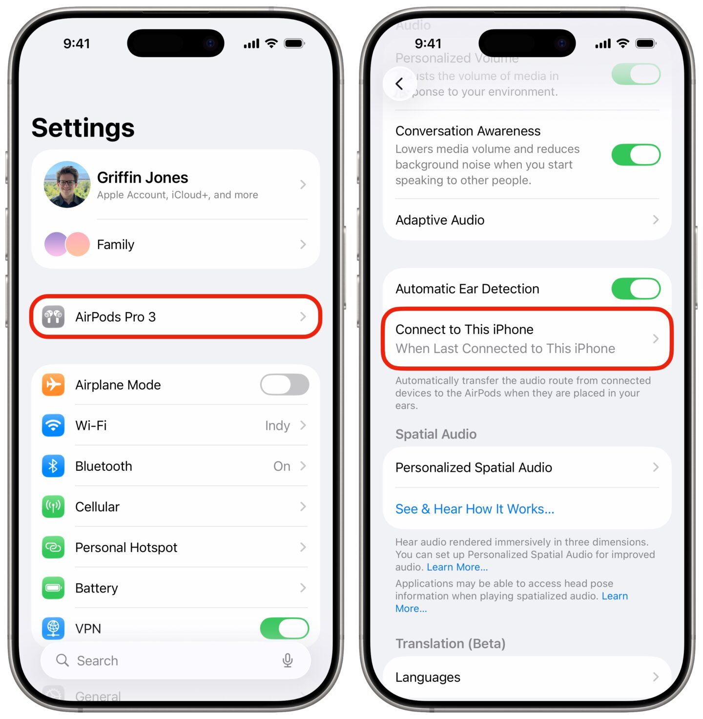 AirPods switching settings on an iPhone 