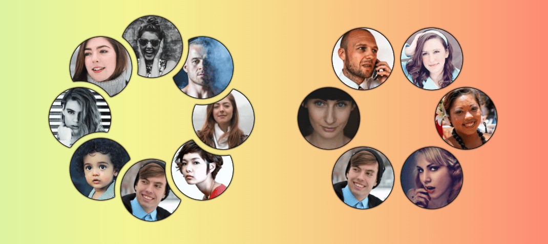 Showing two examples of circular avatar images arranged in a circle. The first example has eight images. The second example has six images.