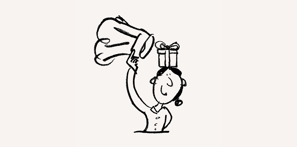 A hand-drawn illustration, by Ryan Gillet, of a chef revealling a present otherwise hidden by their chef’s hat.