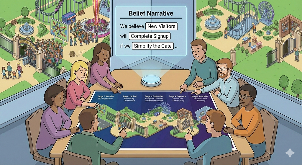 This illustration depicts the positive outcome of the framework: a diverse product team aligned on a decision. They are using the visitor journey map and a “Belief Narrative” to agree on a course of action, leading to a better product experience as shown in the background.