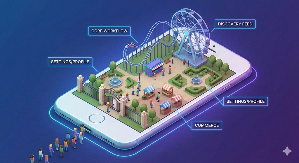 This illustration brings to life the “before” state described in the article’s introduction. It depicts a chaotic park with a clogged entrance, a single overcrowded attraction, and other features that are completely ignored by visitors.