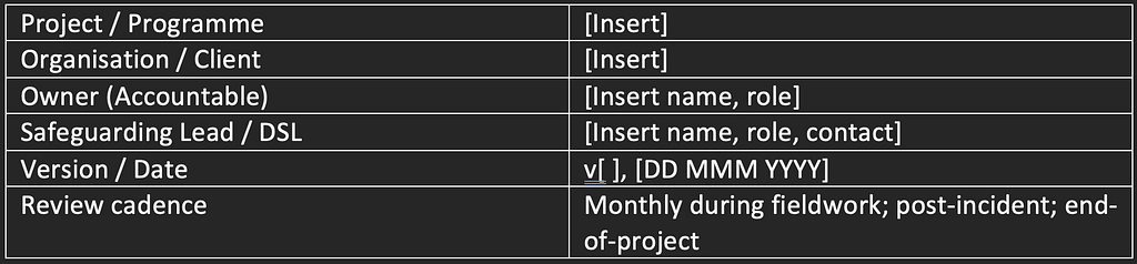 Screenshot of a table showing document control data fields.