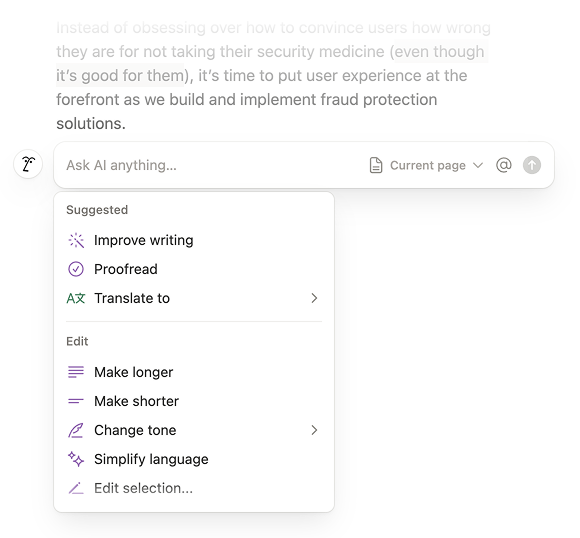 Notion AI providing contextual actions to guide the user