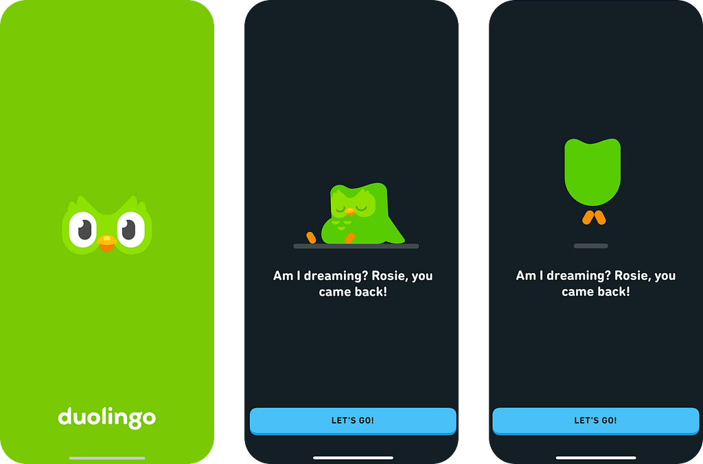 a series of 3 screens detailing Duolingo UI recalling when a user has been inactive for a prolonged period of time. The Duo owl welcomes users back.