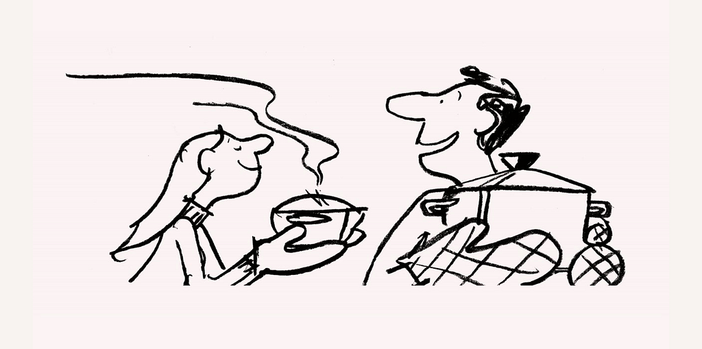 A hand-drawn illustration, by Ryan Gillet, of a two people carrying freshly prepared food from the oven. The pair seem to very pleased with the delights of their cooking.