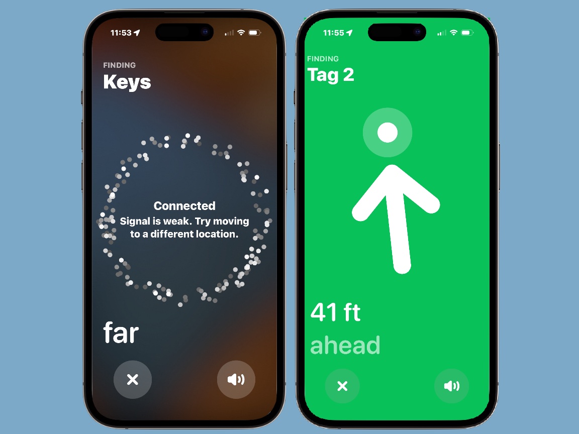 Two iPhone screenshots showing the Precision Finding feature on an original AirTag and on AirTag 2