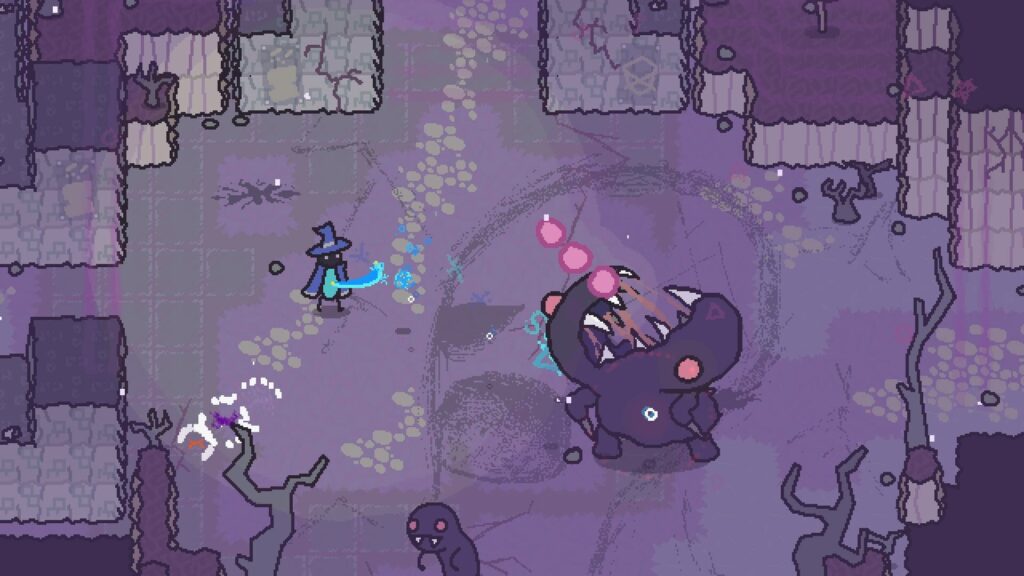 A small mage confronts a large mutated enemy in a dark arena style battle scene from Scrabdackle