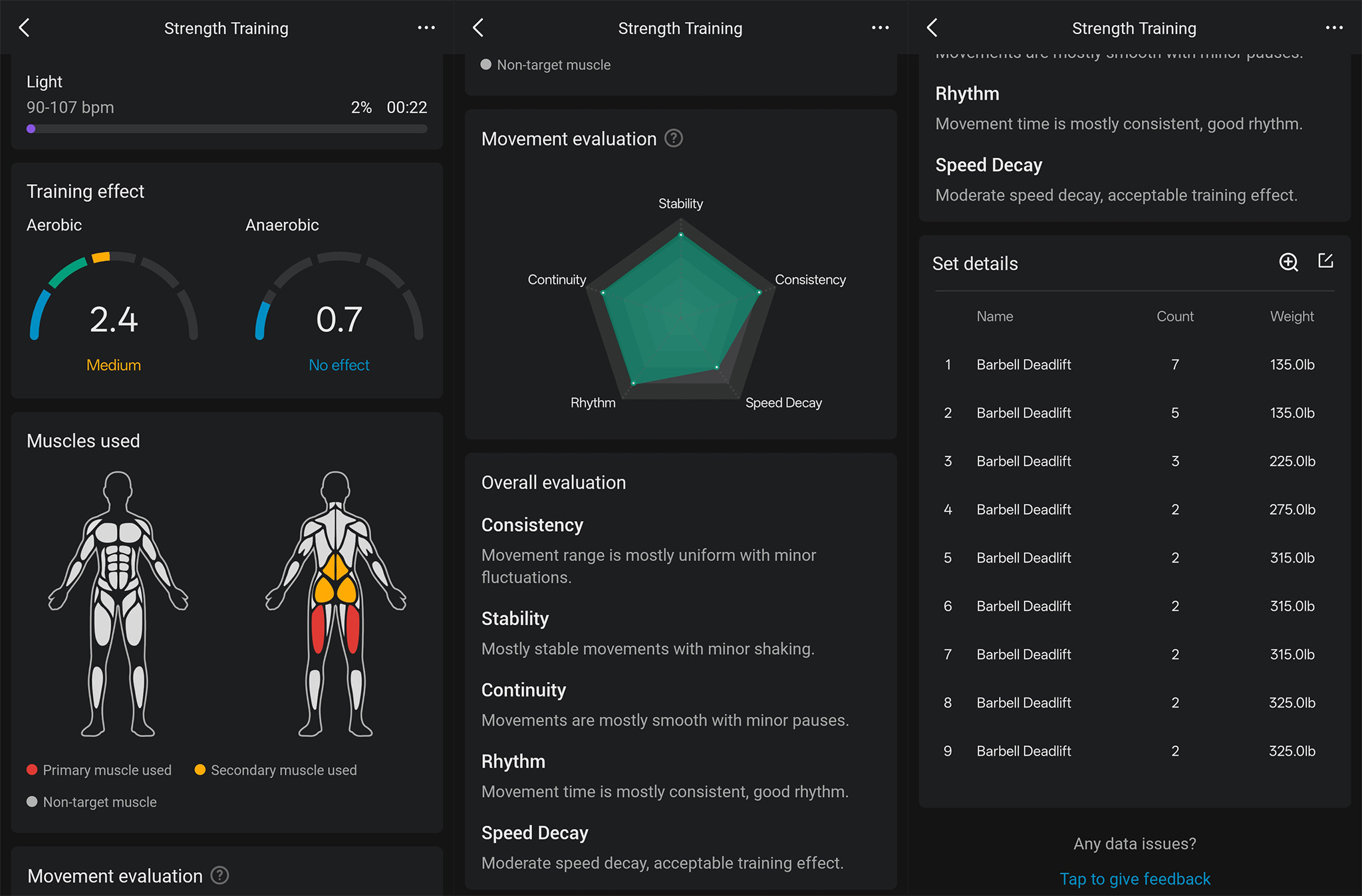 Detailed workout data collected by the Amazfit Balance 2 smartwatch, compiled in an easy to read way by the Zepp app