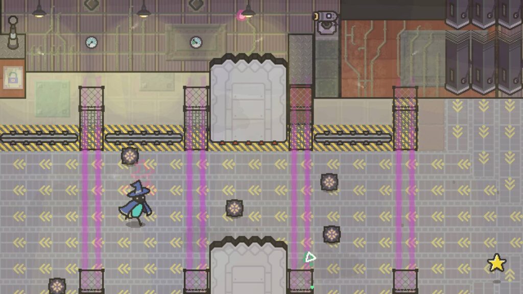 The Scrabdackle protagonist runs through an industrial corridor filled with moving laser barriers and mechanical hazards