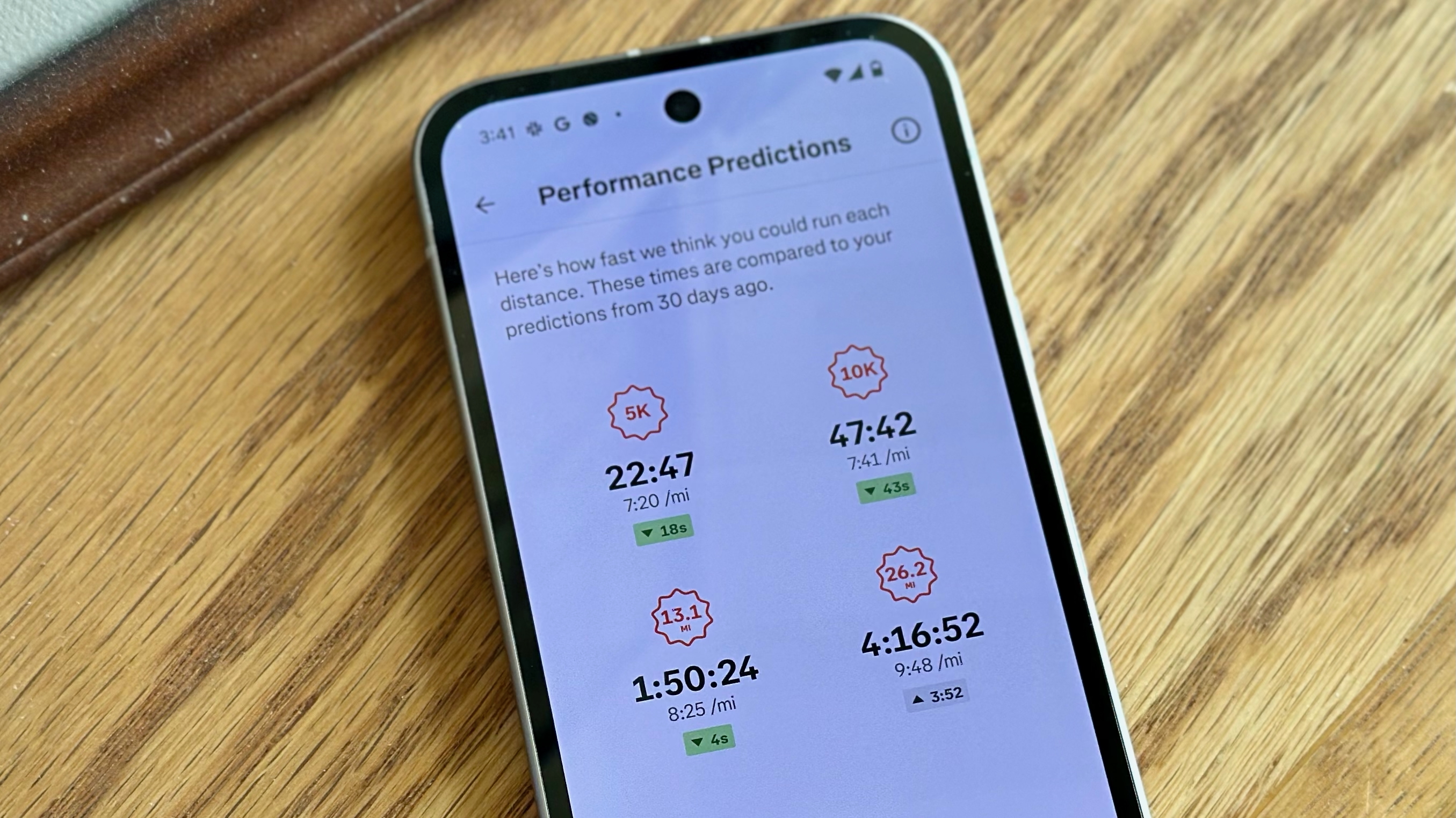 The Strava app on the Pixel 9a display, showing Performance Prediction times for the author's current condition for 5K, 10K, half marathon, and full marathon races.