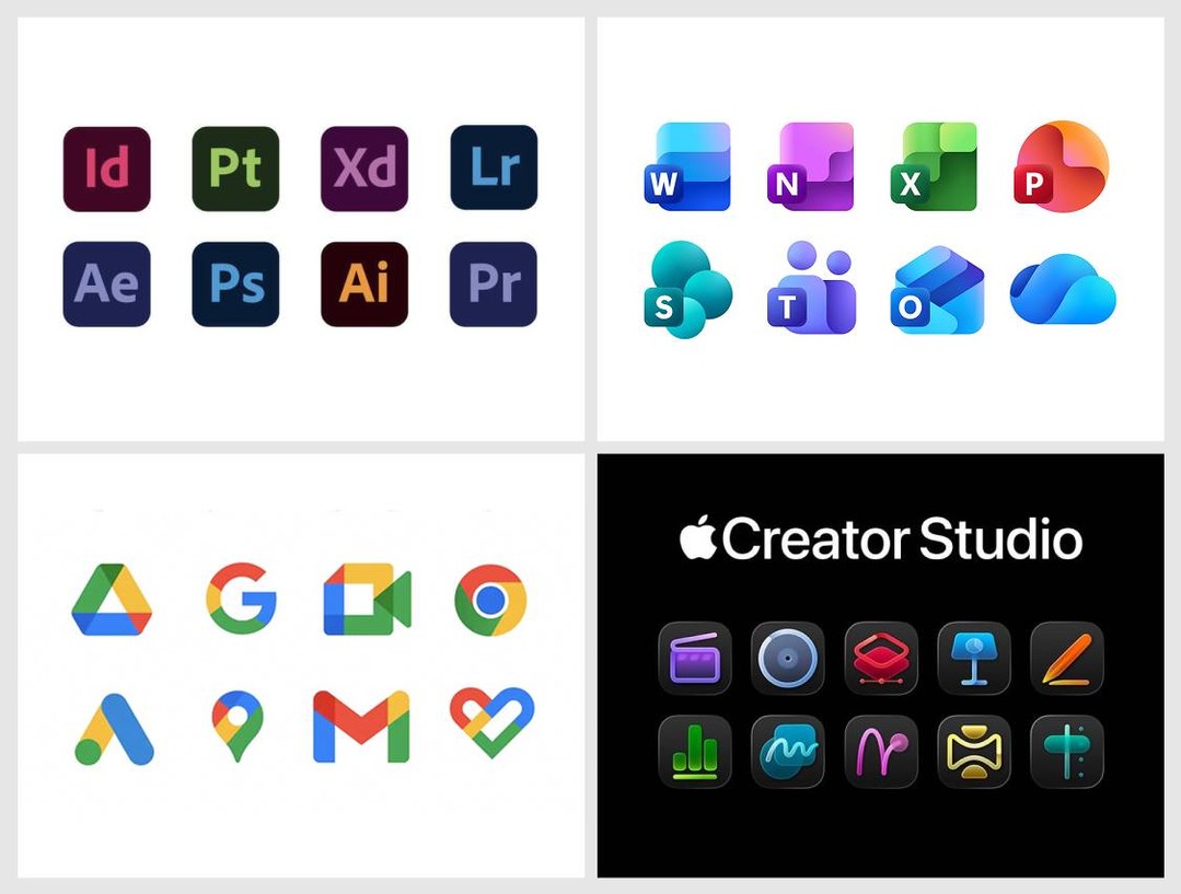 Bland icon suites from Apple, Google, Microsoft, and Adobe.